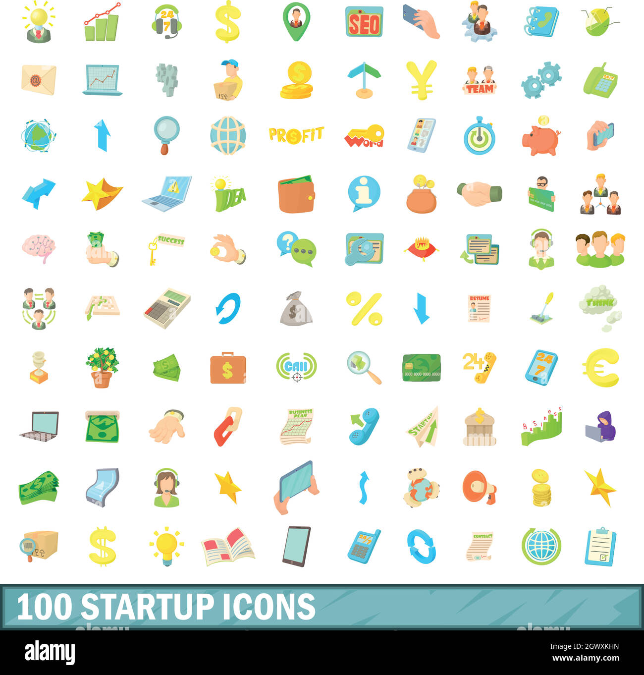 100 startup icons set, cartoon style Stock Vector