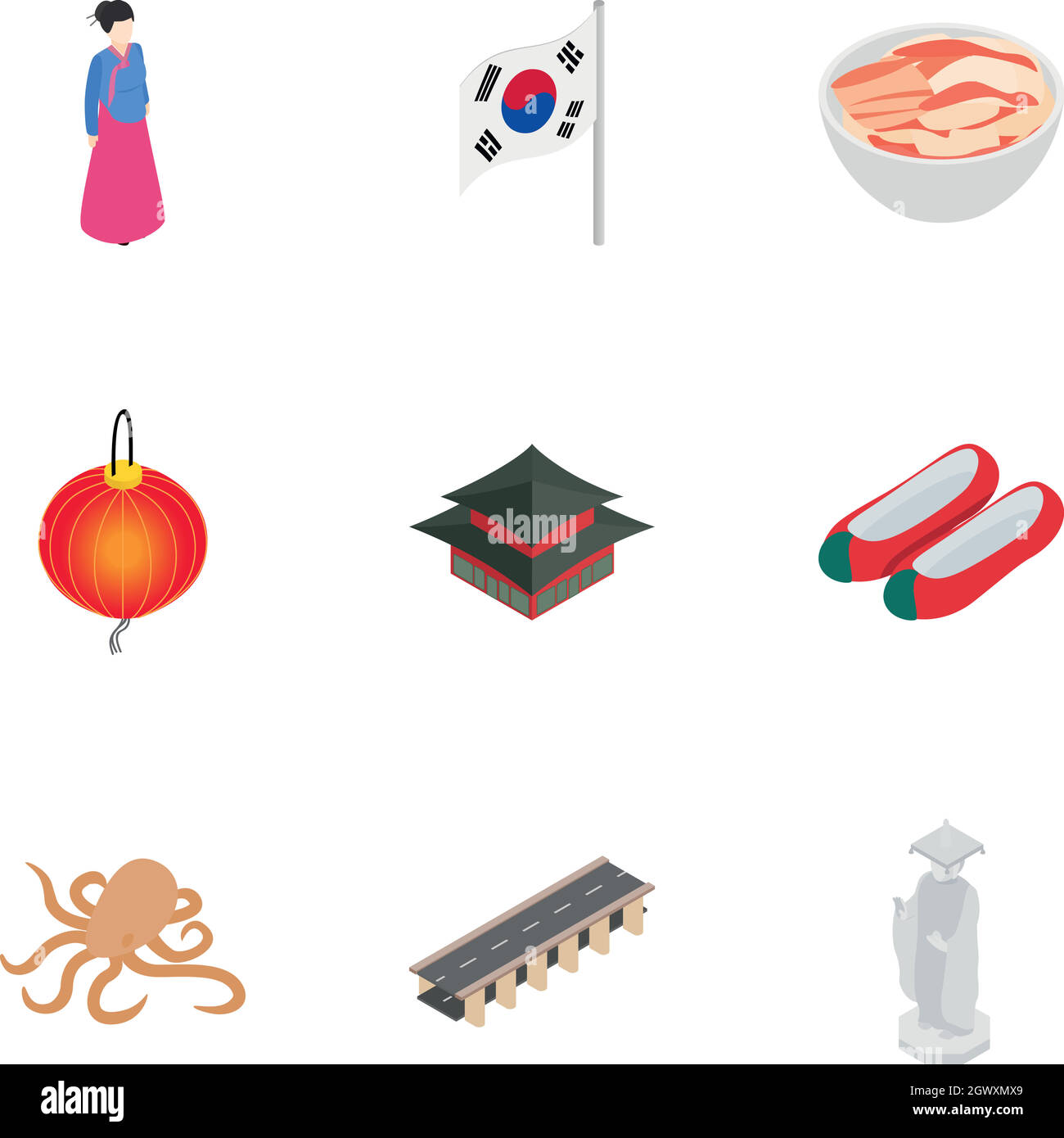 South Korea cultural elements icons set Stock Vector