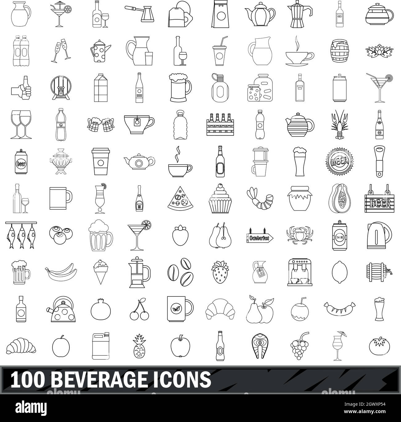 100 beverage icons set, outline style Stock Vector