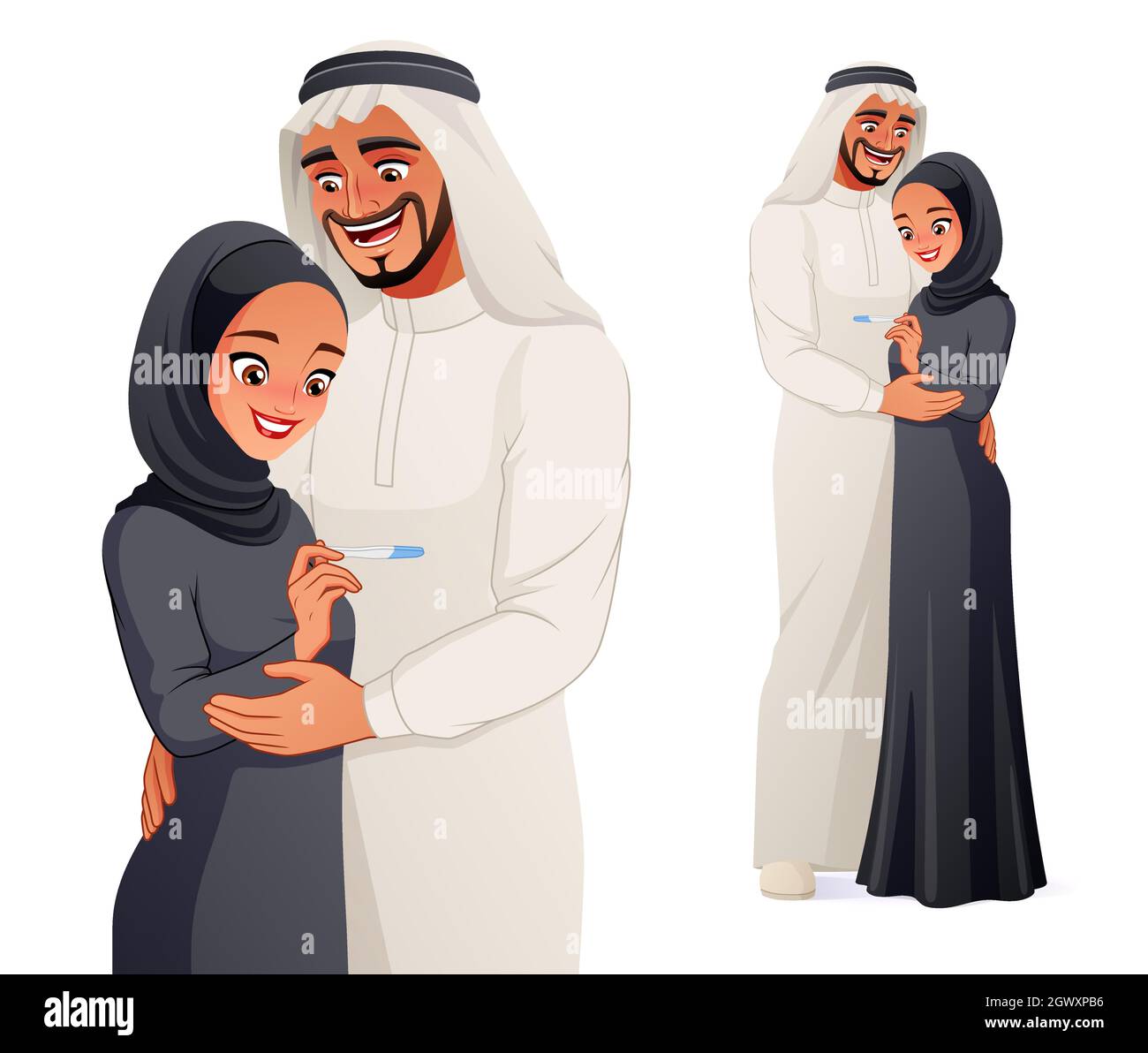 Happy pregnant Arab couple with pregnancy test. Vector illustration ...