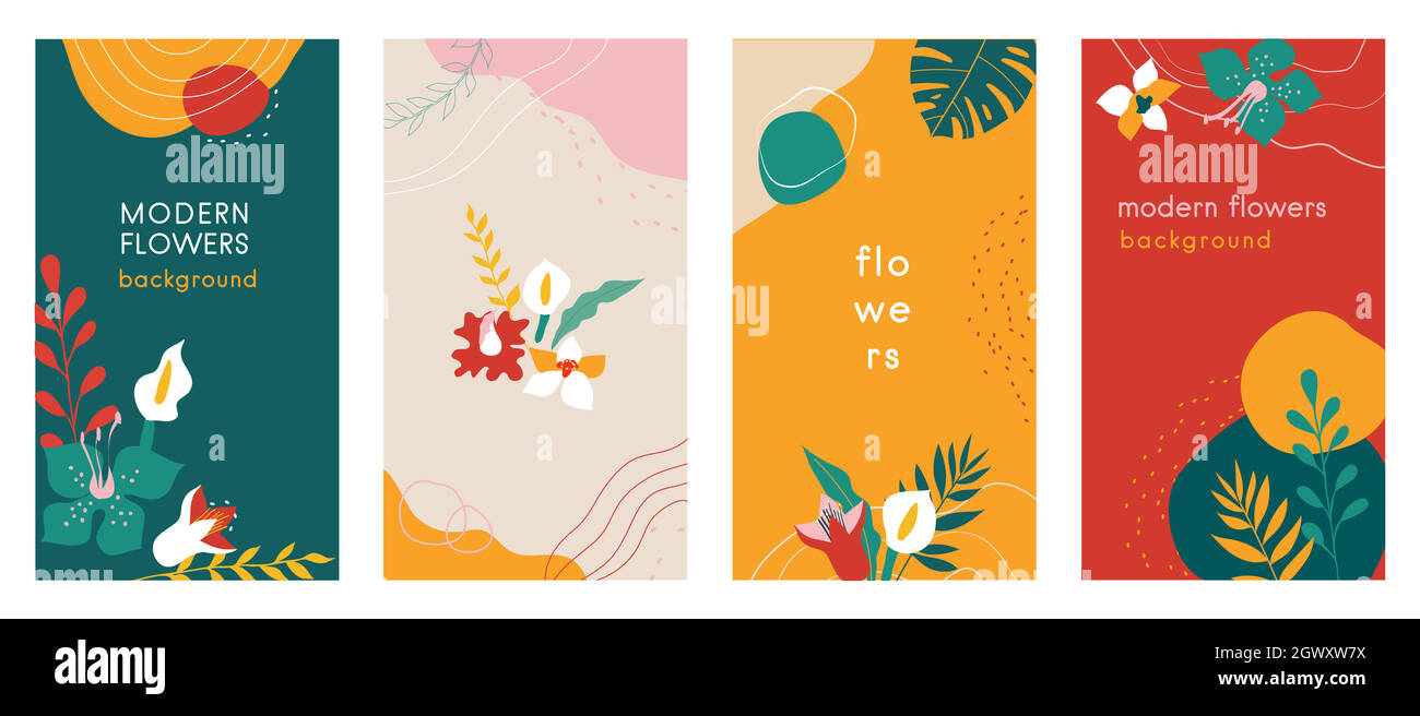 Abstract flowers Social media stories organic backgrounds set with modern color combinations, shapes, flowers and plants, monstera leaves, vertical format For advertising, branding vector illustration Stock Vector