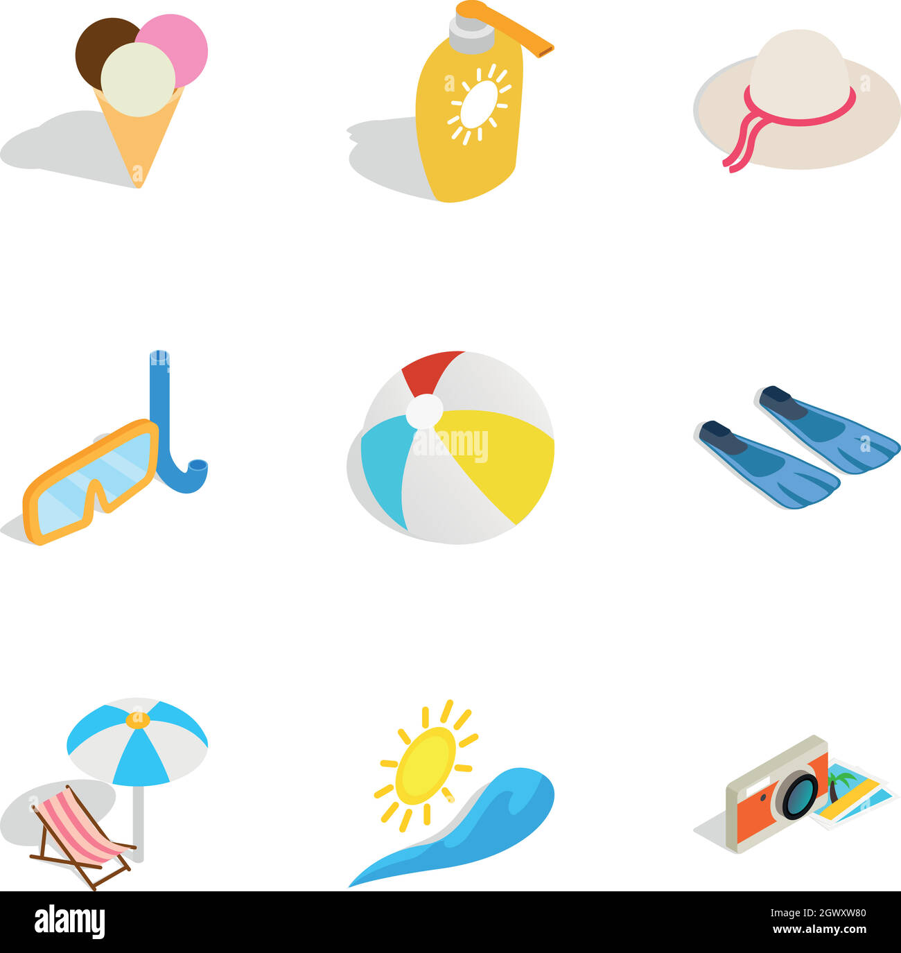 Summer holidays icons, isometric 3d style Stock Vector
