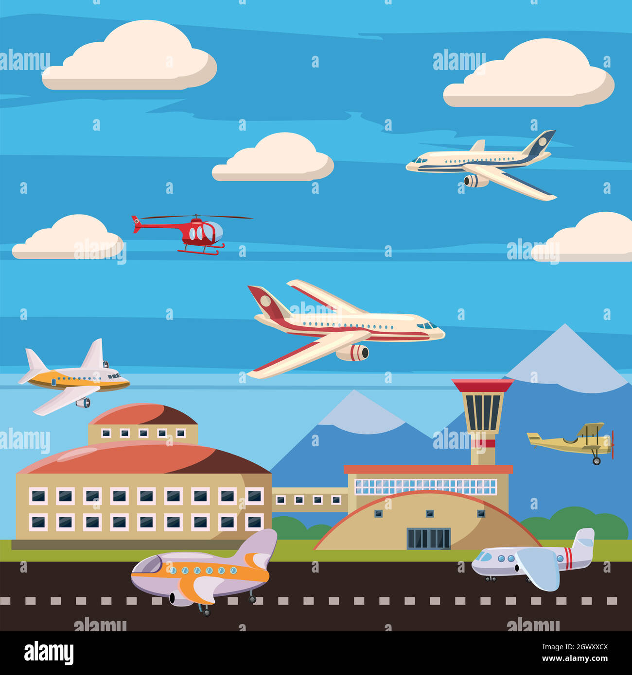 Aviation airport echelon concept, cartoon style Stock Vector