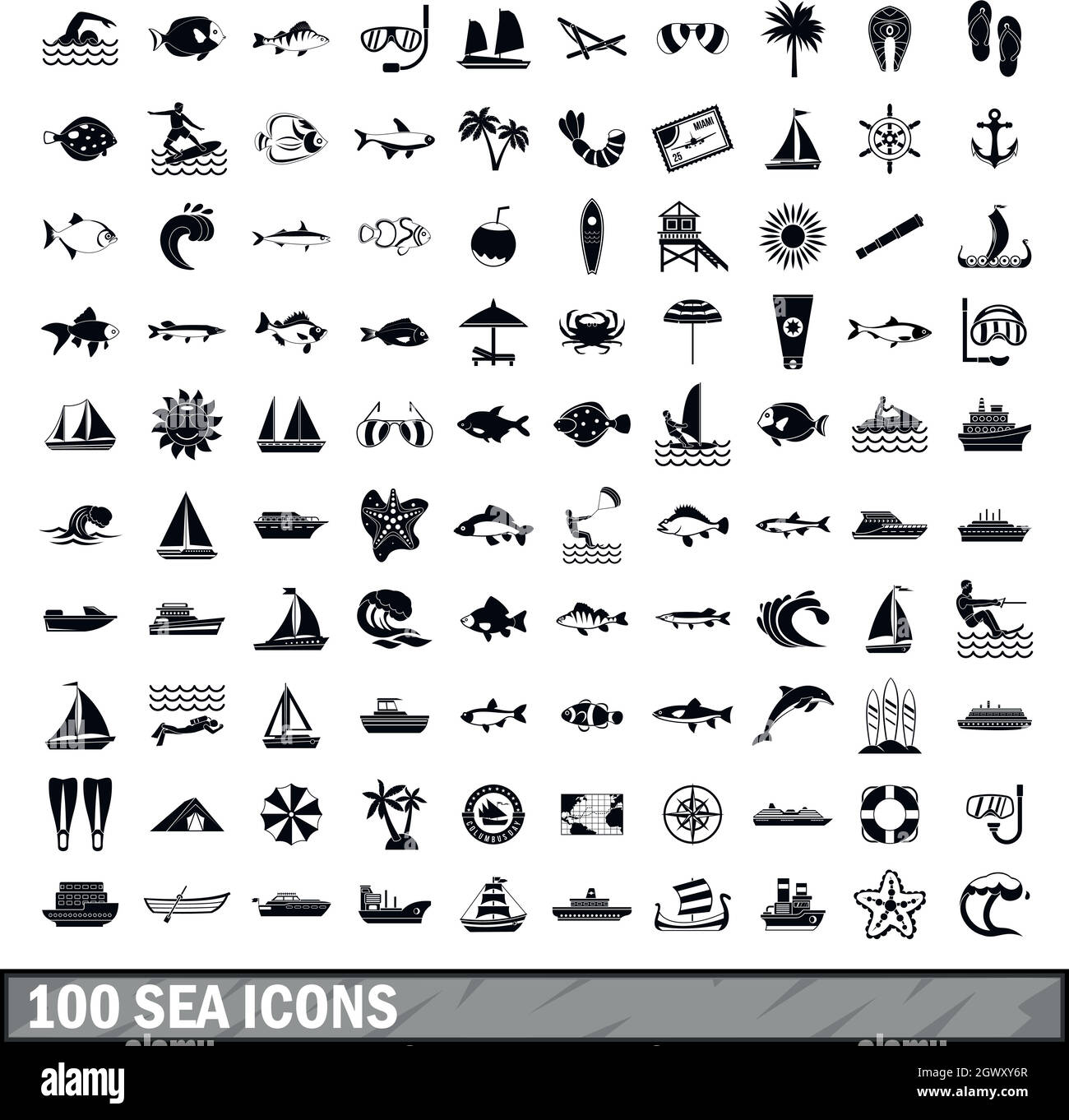 100 sea icons set in simple style Stock Vector