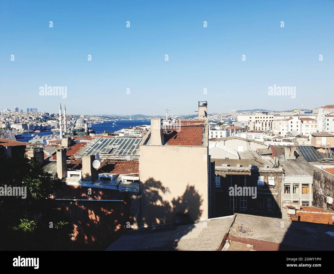 High Angle View Of Buildings Against Clear Blue Sky Stock Photo