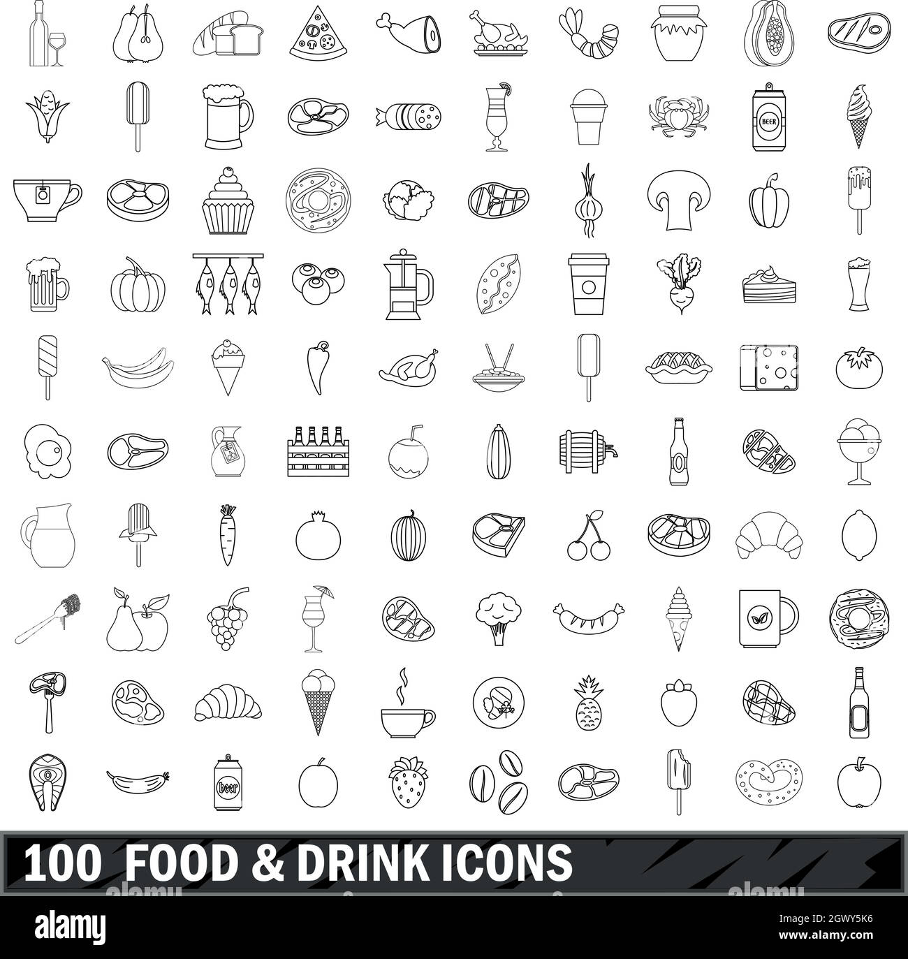 100 food and drink icons set, outline style Stock Vector