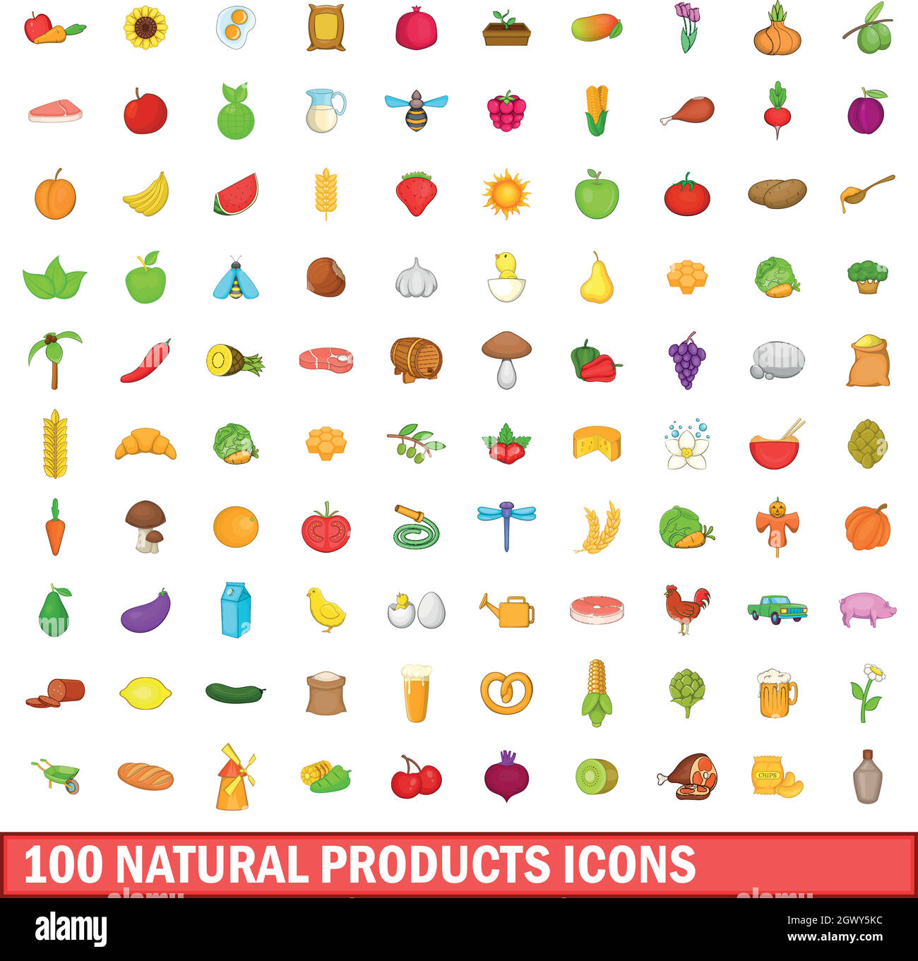 100 natural product icons set, cartoon style Stock Vector
