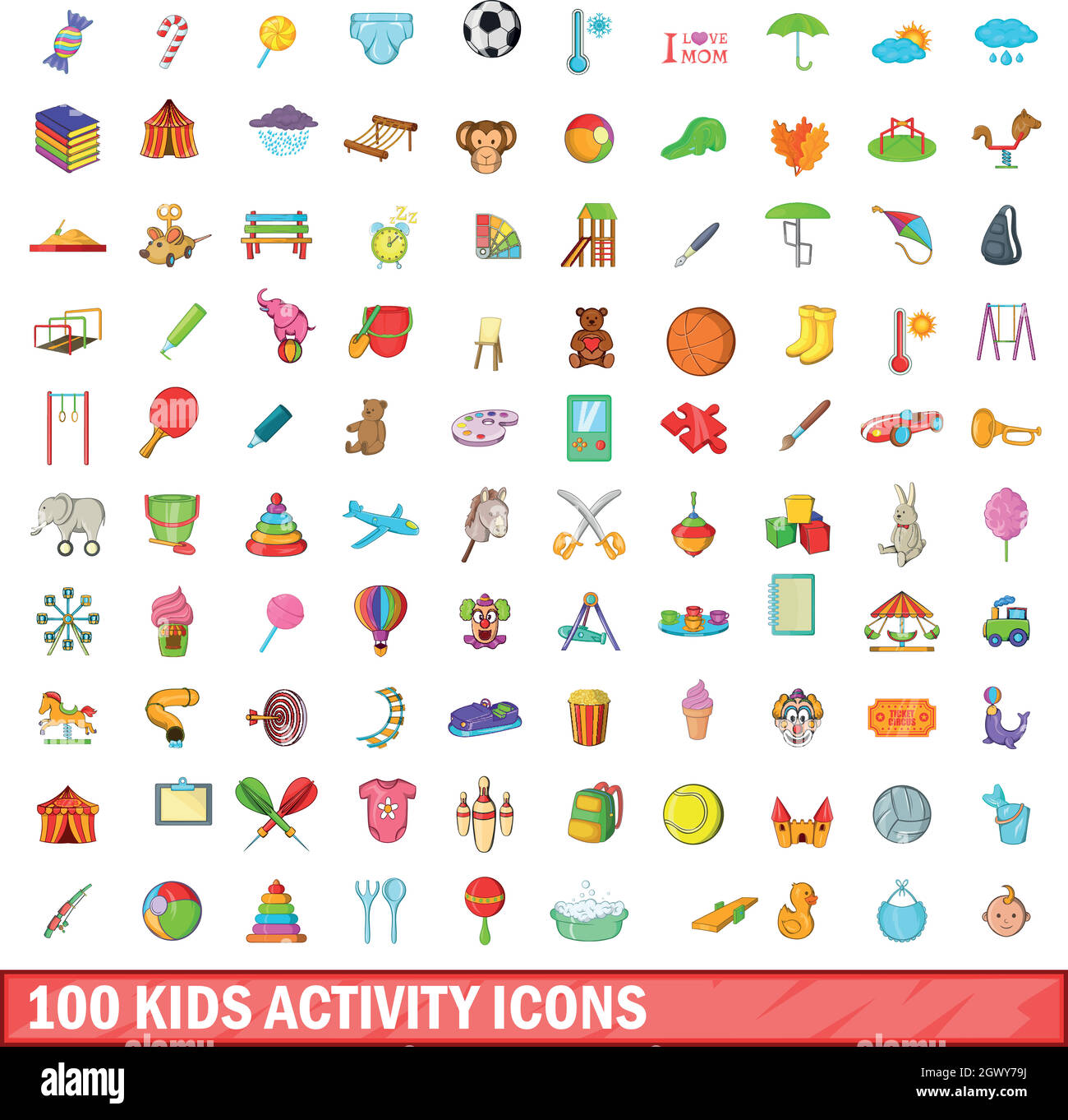 100 kids activity icons set, cartoon style Stock Vector