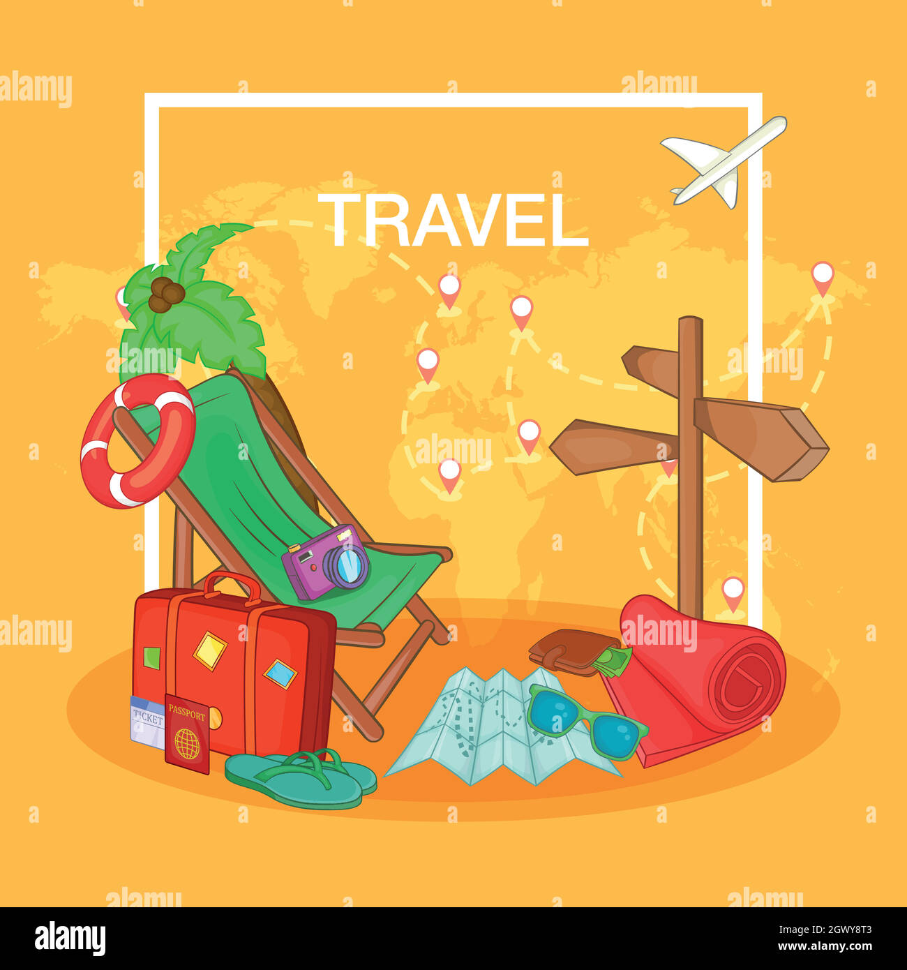 Travel concept route, cartoon style Stock Vector