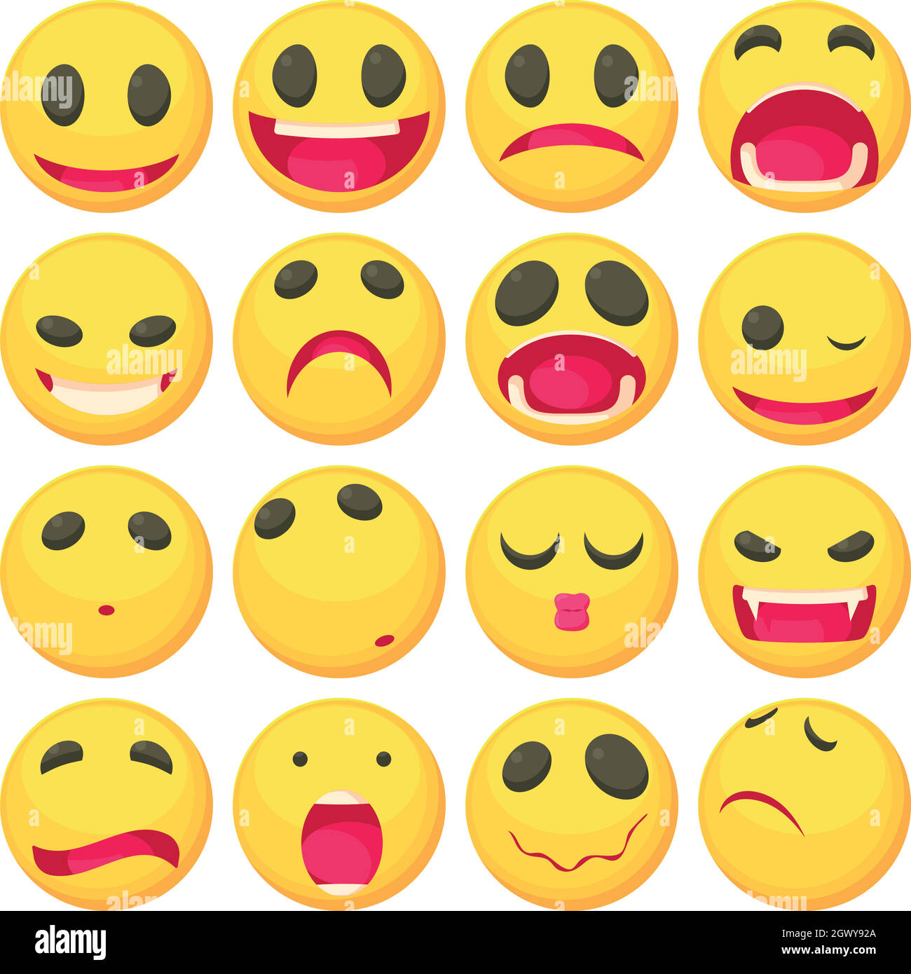 Yellow smiles fun icons set, cartoon style Stock Vector