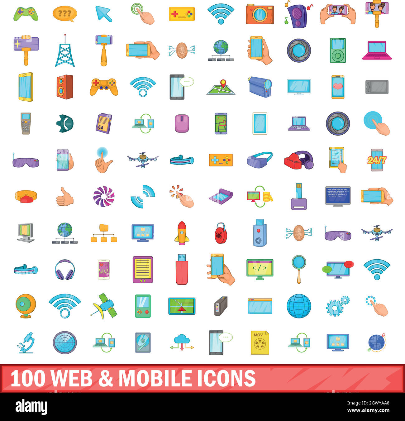 100 web and mobile icons set, cartoon style Stock Vector Image & Art ...