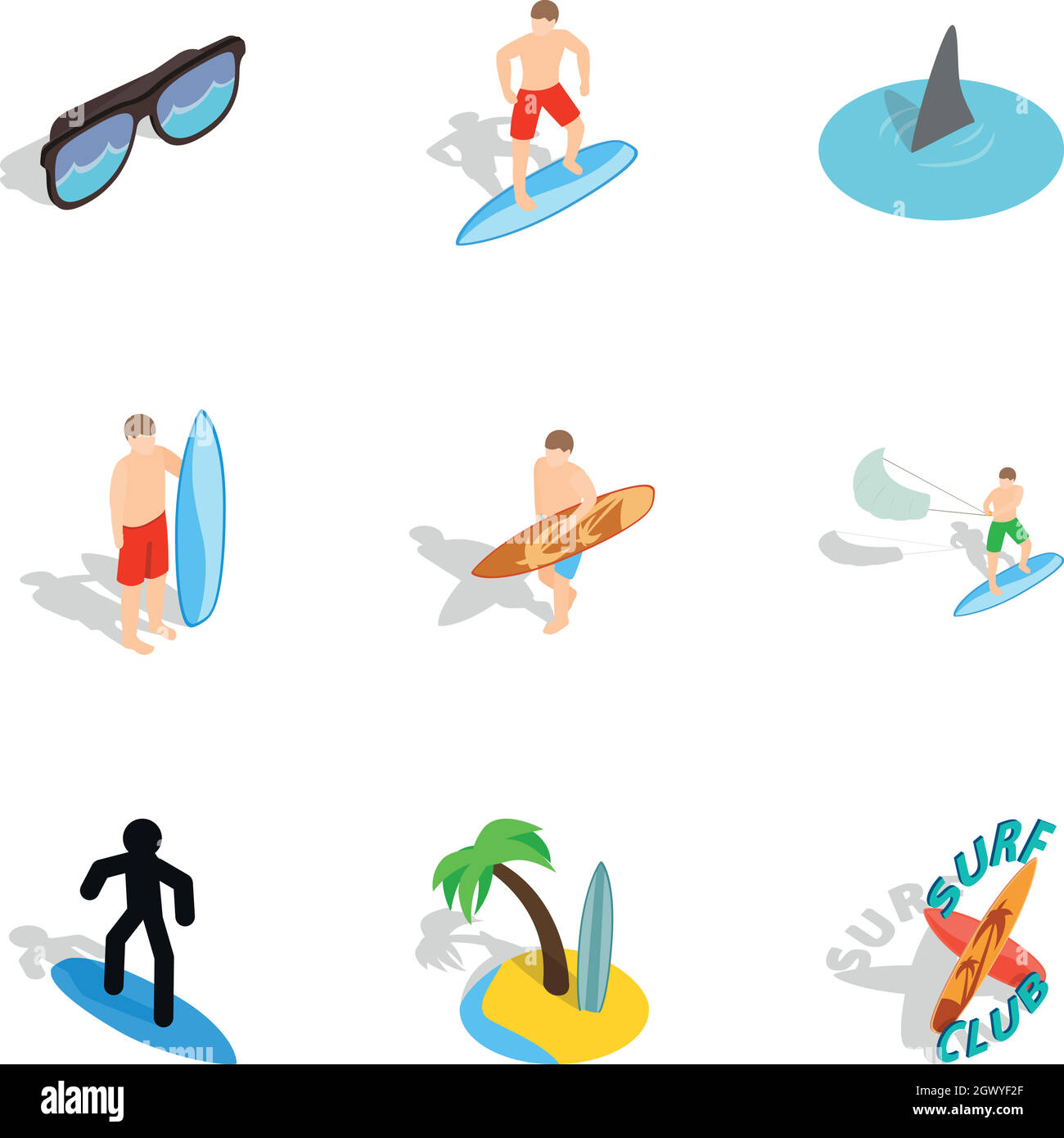 Surfing icons set, isometric 3d style Stock Vector