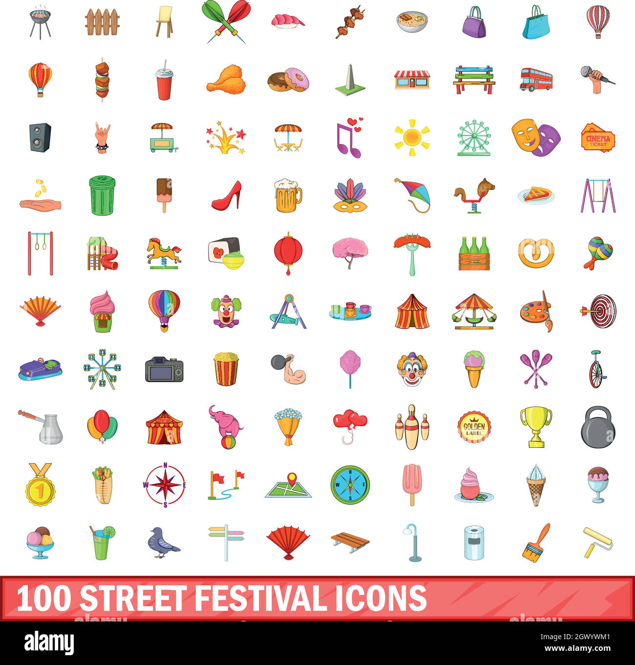 100 street festival icons set, cartoon style Stock Vector