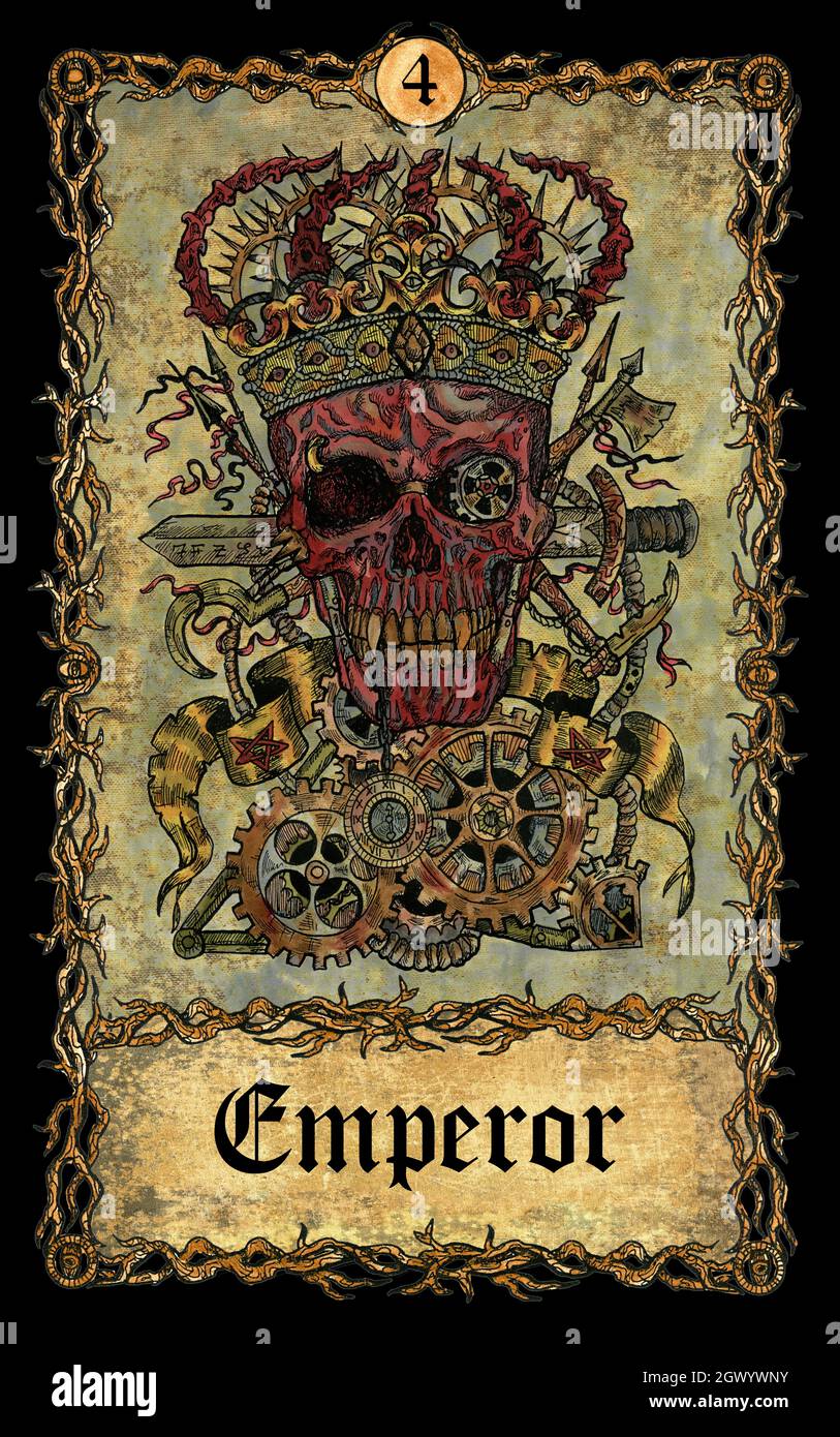 Emperor. Major Arcana tarot card with skull over antique background.  Mystic art, Halloween illustration with esoteric, gothic, occult concept Stock Photo