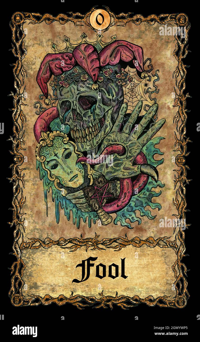 Fool. Major Arcana card with skull over antique background. Mystic art, Halloween illustration with esoteric, gothic, occult concept Stock Photo - Alamy