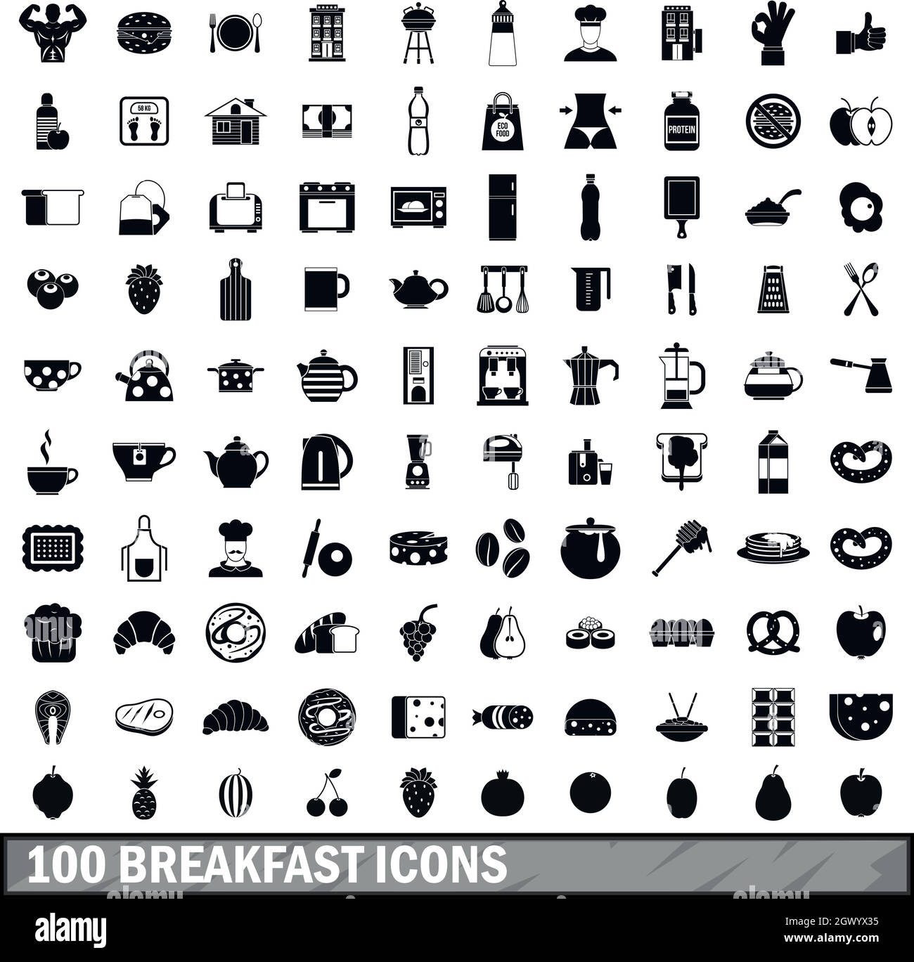 100 breakfast icons set in simple style Stock Vector