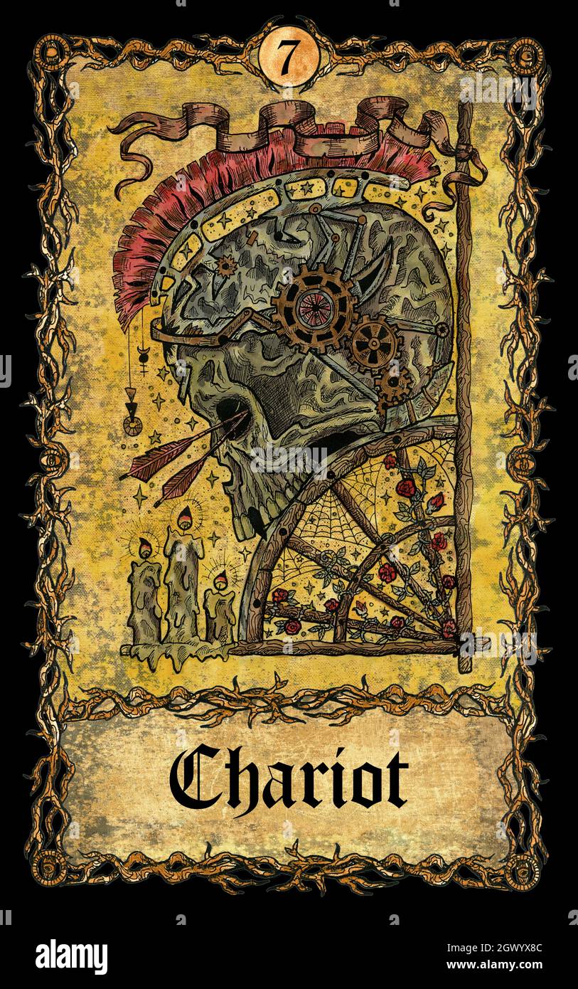 Chariot. Major Arcana tarot card with skull over antique background.  Mystic art, Halloween illustration with esoteric, gothic, occult concept Stock Photo