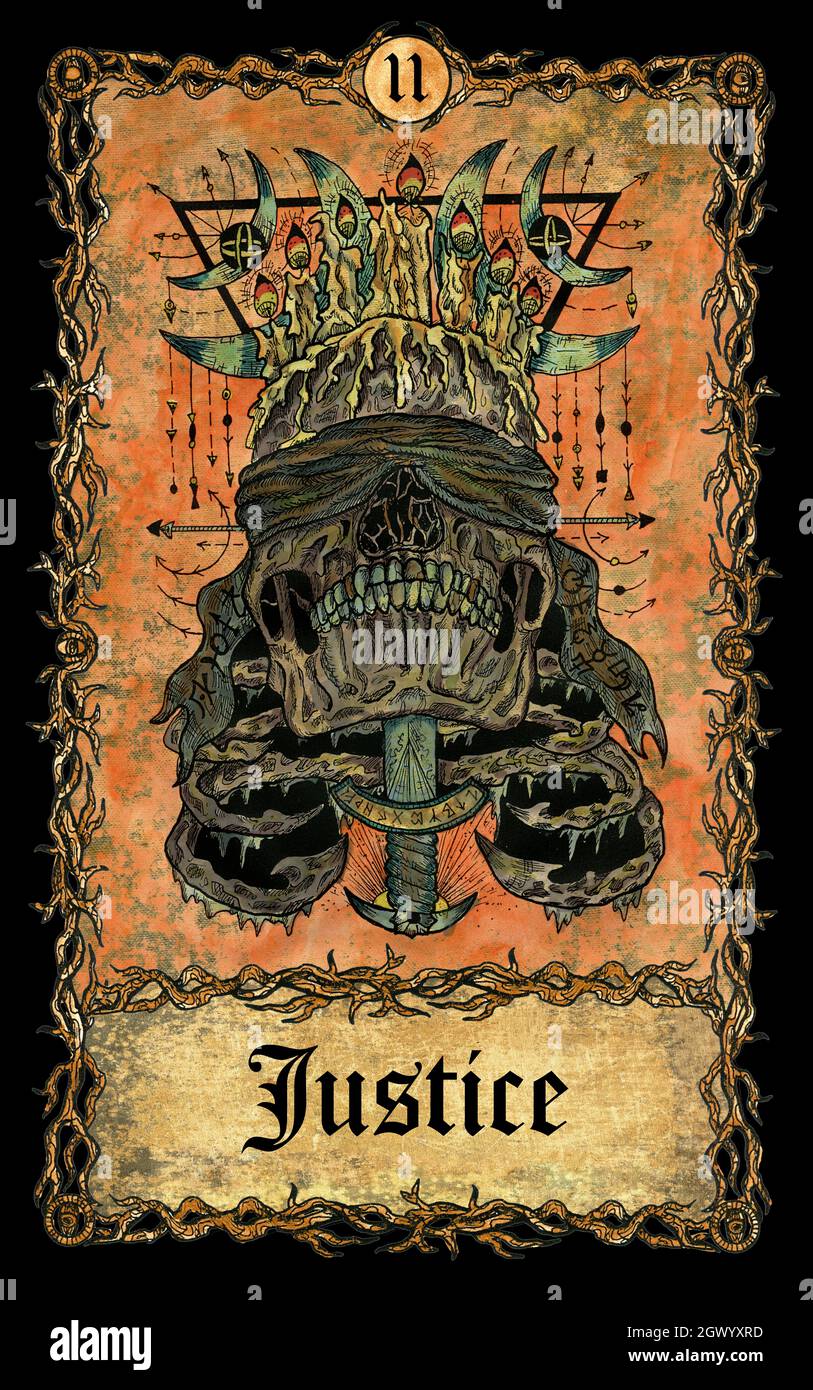 Justice. Major Arcana tarot card with skull over antique background.  Mystic art, Halloween illustration with esoteric, gothic, occult concept Stock Photo