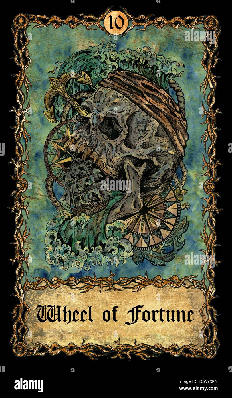 Wheel of Fortune. Major Arcana skull over antique background. Mystic art, Halloween illustration with esoteric, gothic, occult concep Photo - Alamy