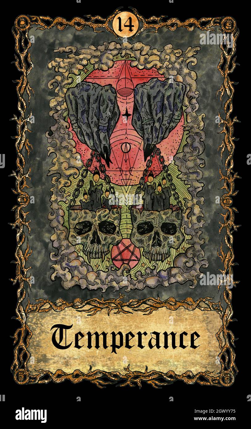 Temperance. Major Arcana tarot card with skull over antique background.  Mystic art, Halloween illustration with esoteric, gothic, occult concept Stock Photo