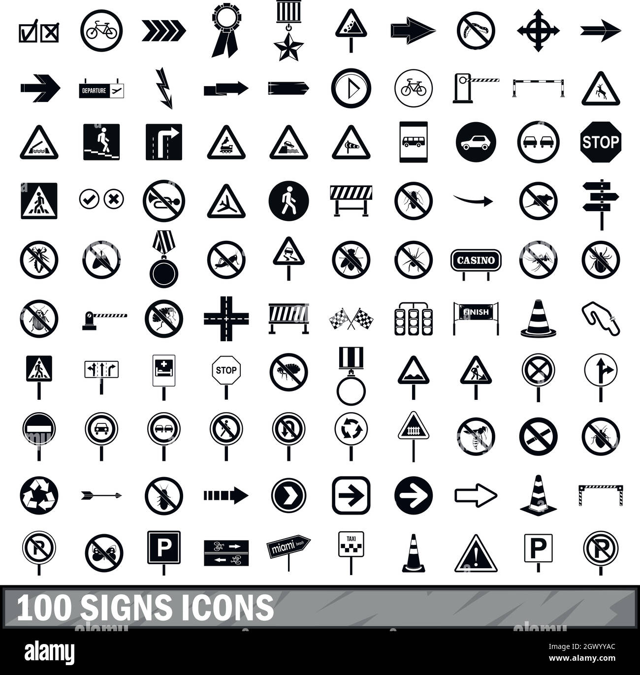 100 road signs icons set in simple style Stock Vector