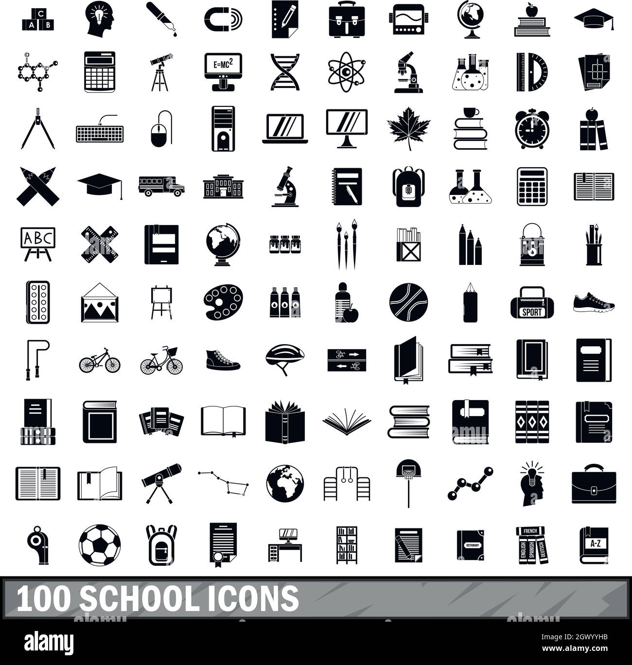 100 school icons set in simple style Stock Vector