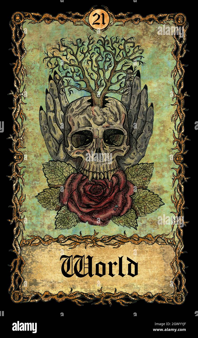 World. Major Arcana tarot card with skull antique background. Mystic art, Halloween illustration with esoteric, gothic, occult concept Stock Photo - Alamy