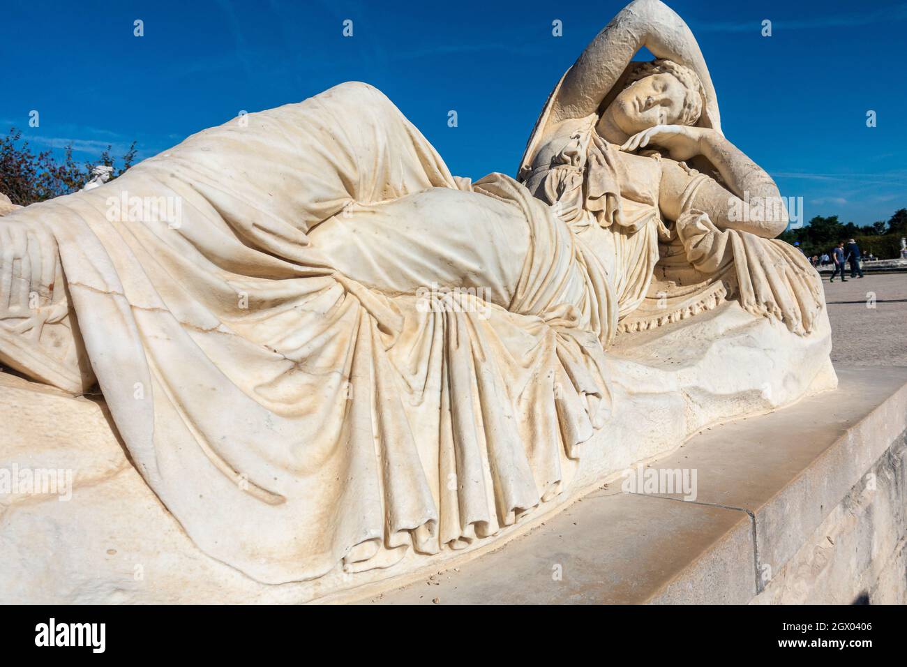 Reclining Female Statue in the Gardens of Versailles Stock Photo