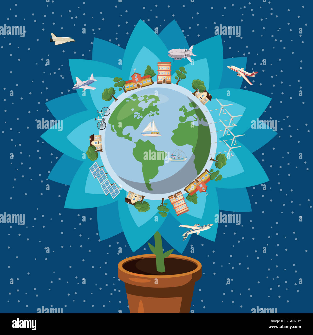 Globe gently flower ecology concept, cartoon style Stock Vector