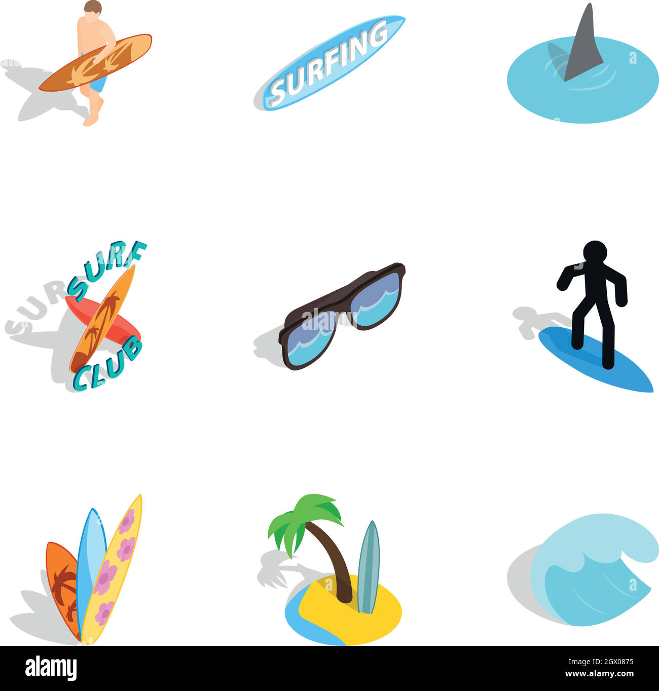 Surf elements icons set, isometric 3d style Stock Vector
