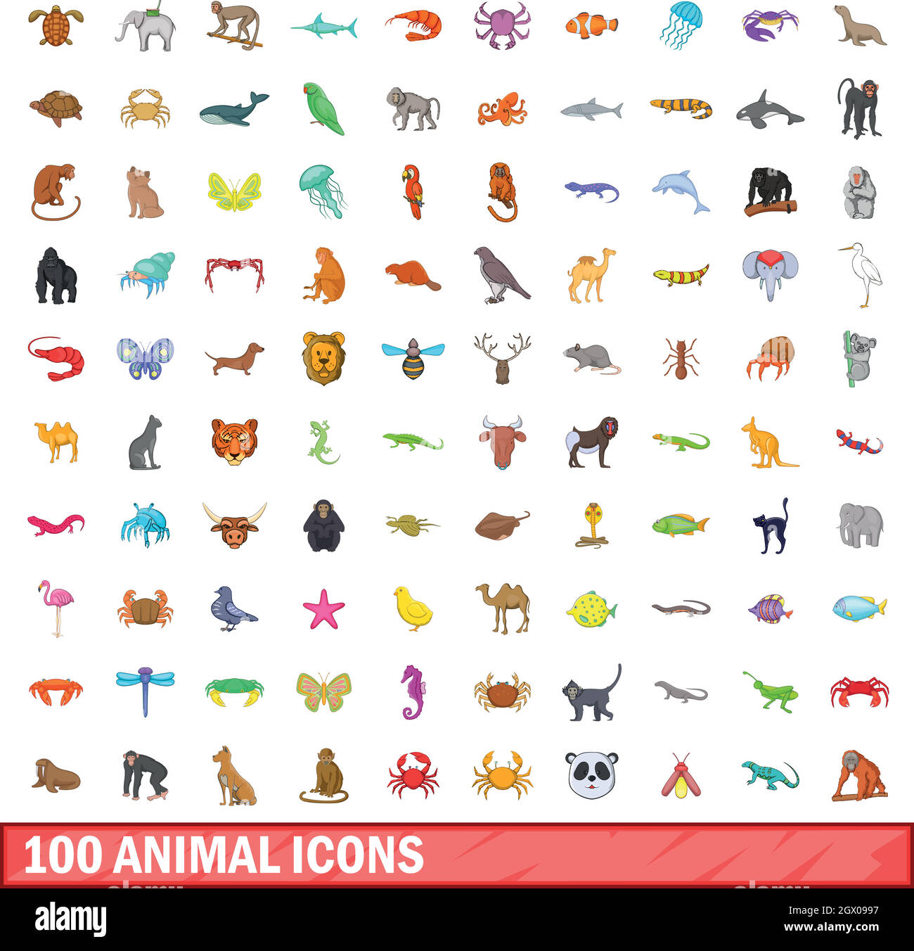 100 animal icons set, cartoon style Stock Vector