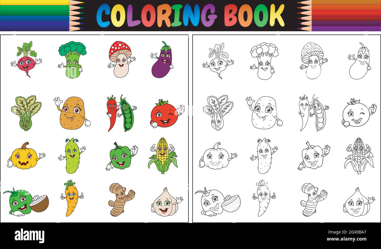 Coloring book with cute cartoon vegetables Stock Vector