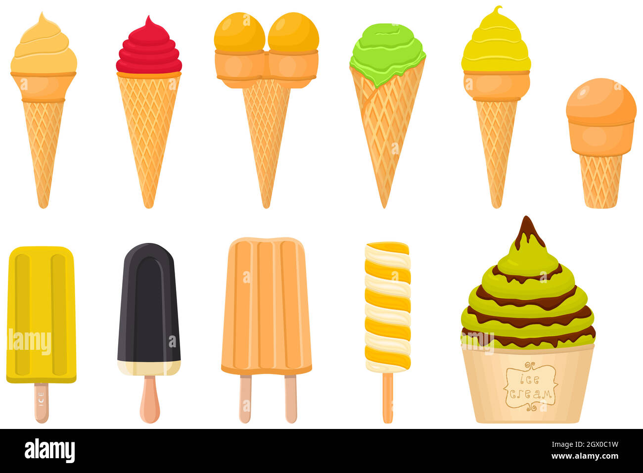 big kit ice cream popsicle different types in cone waffle cup Stock