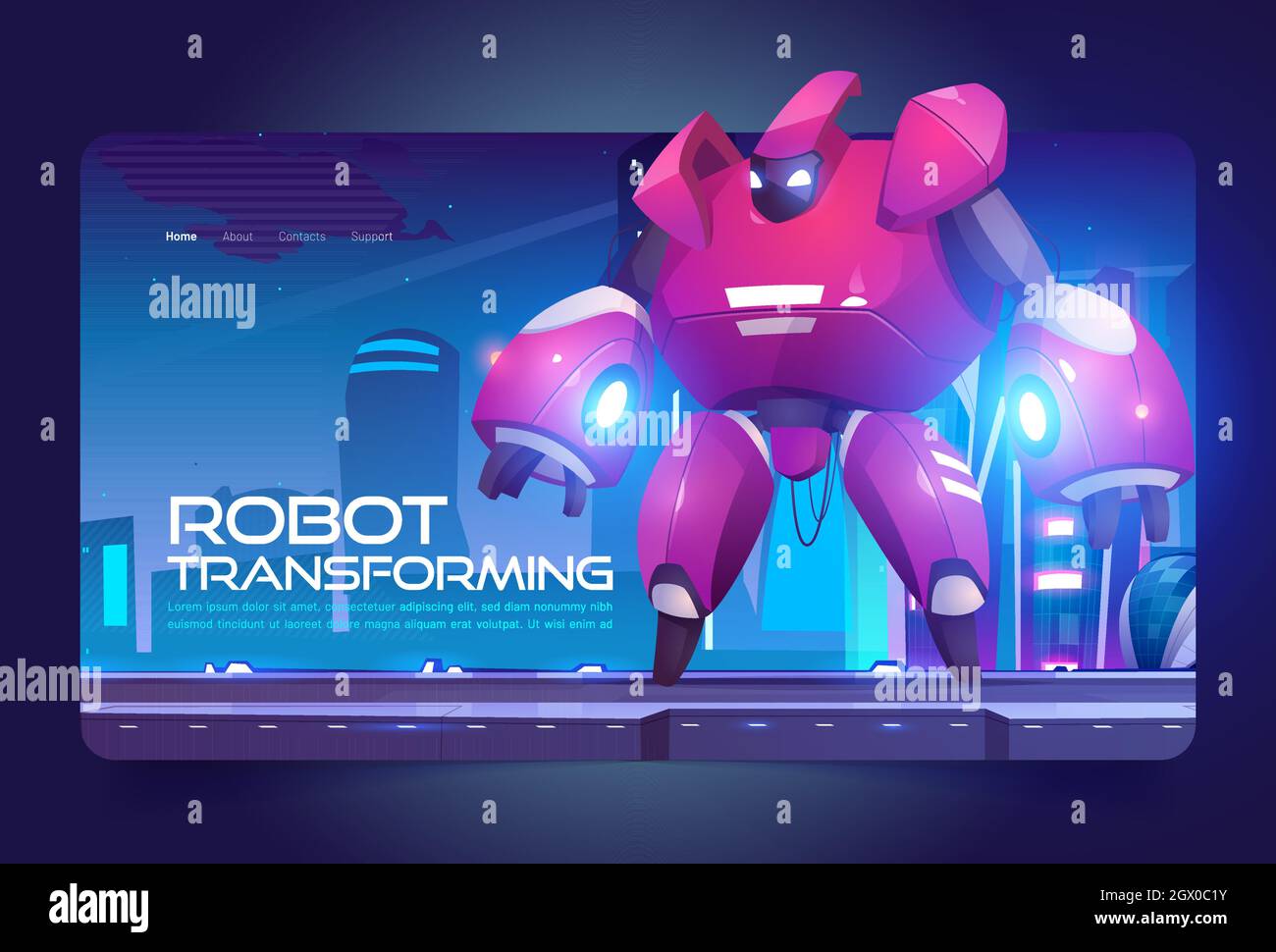 Robot transforming banner with red cyborg character in futuristic city. Vector landing page with cartoon illustration of transformer, metal robotic hero on background of fantastic cityscape Stock Vector