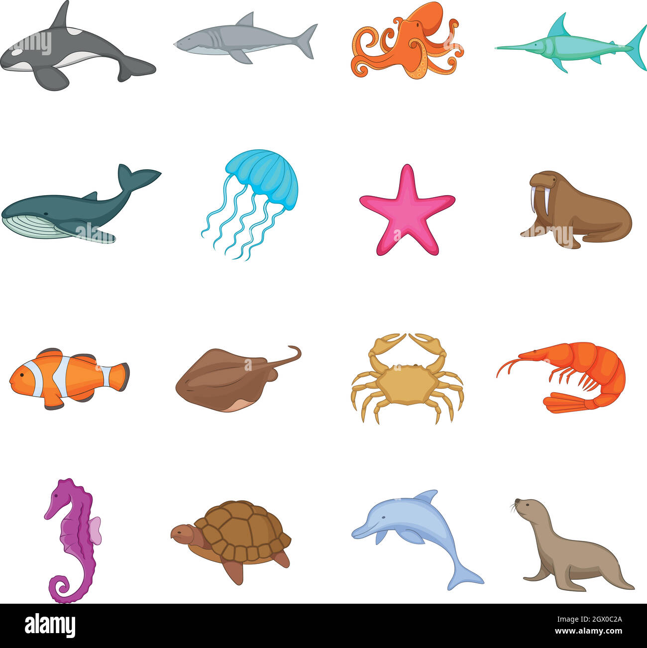 Ocean inhabitants icons set, cartoon style Stock Vector