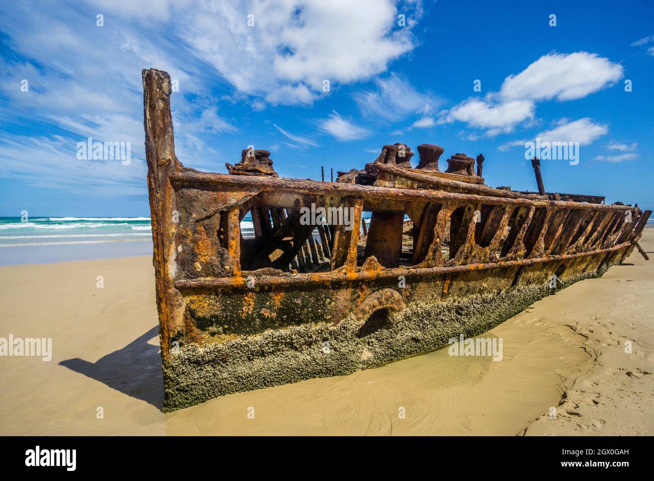 Wreck of the S.S.Maheno, the ocean liner became beached on the east coast of Fraser Island on 9 July 1935 during a strong cyclone, Fraser Coast Region Stock Photo