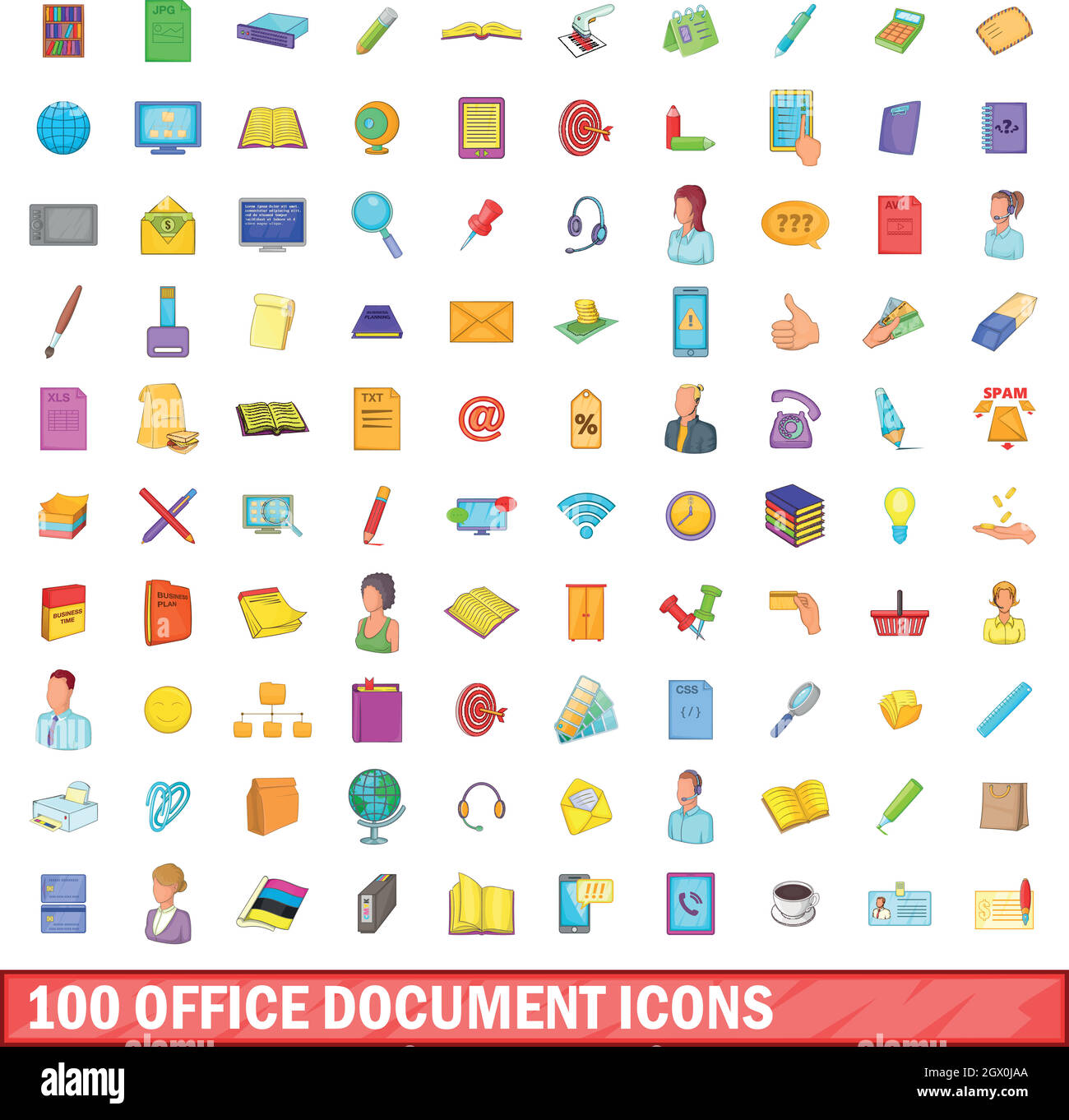 100 office document icons set, cartoon style Stock Vector