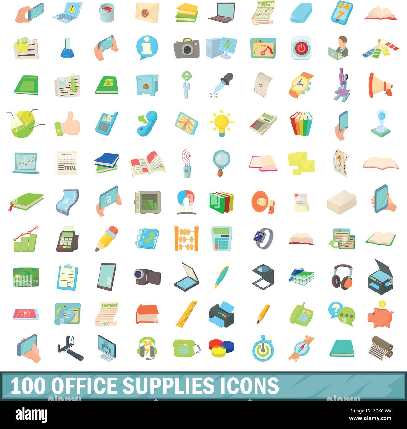 100 office supplies icons set, cartoon style Stock Vector Image & Art ...