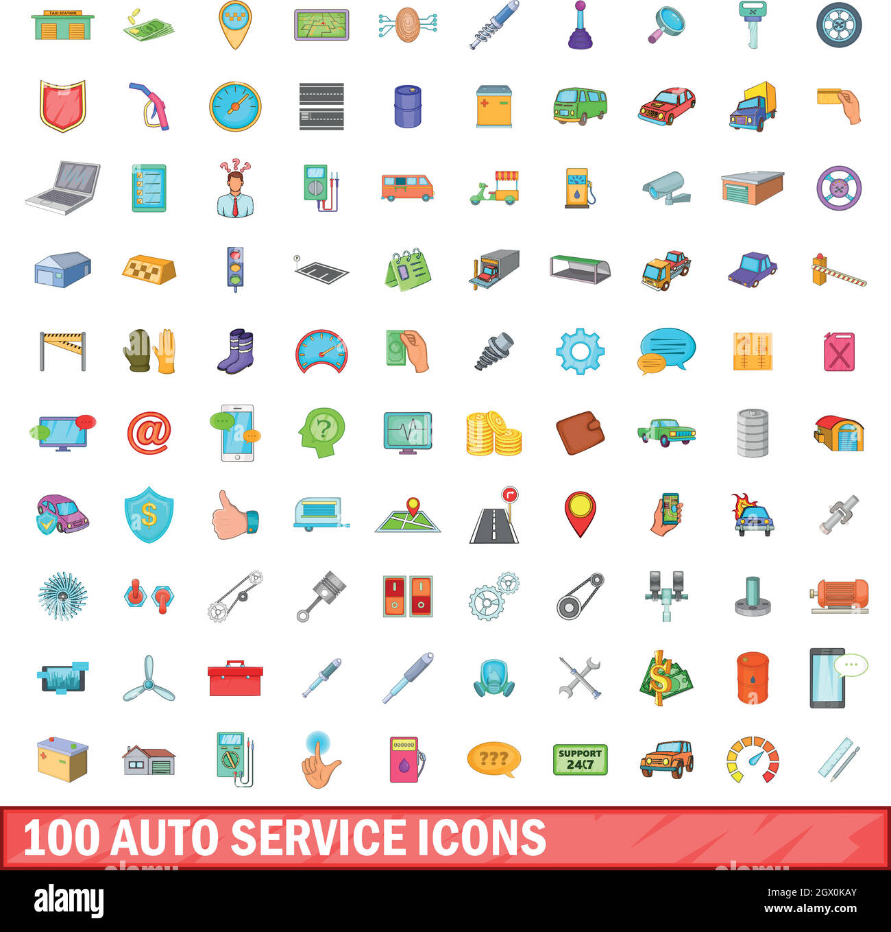 100 auto service icons set, cartoon style Stock Vector