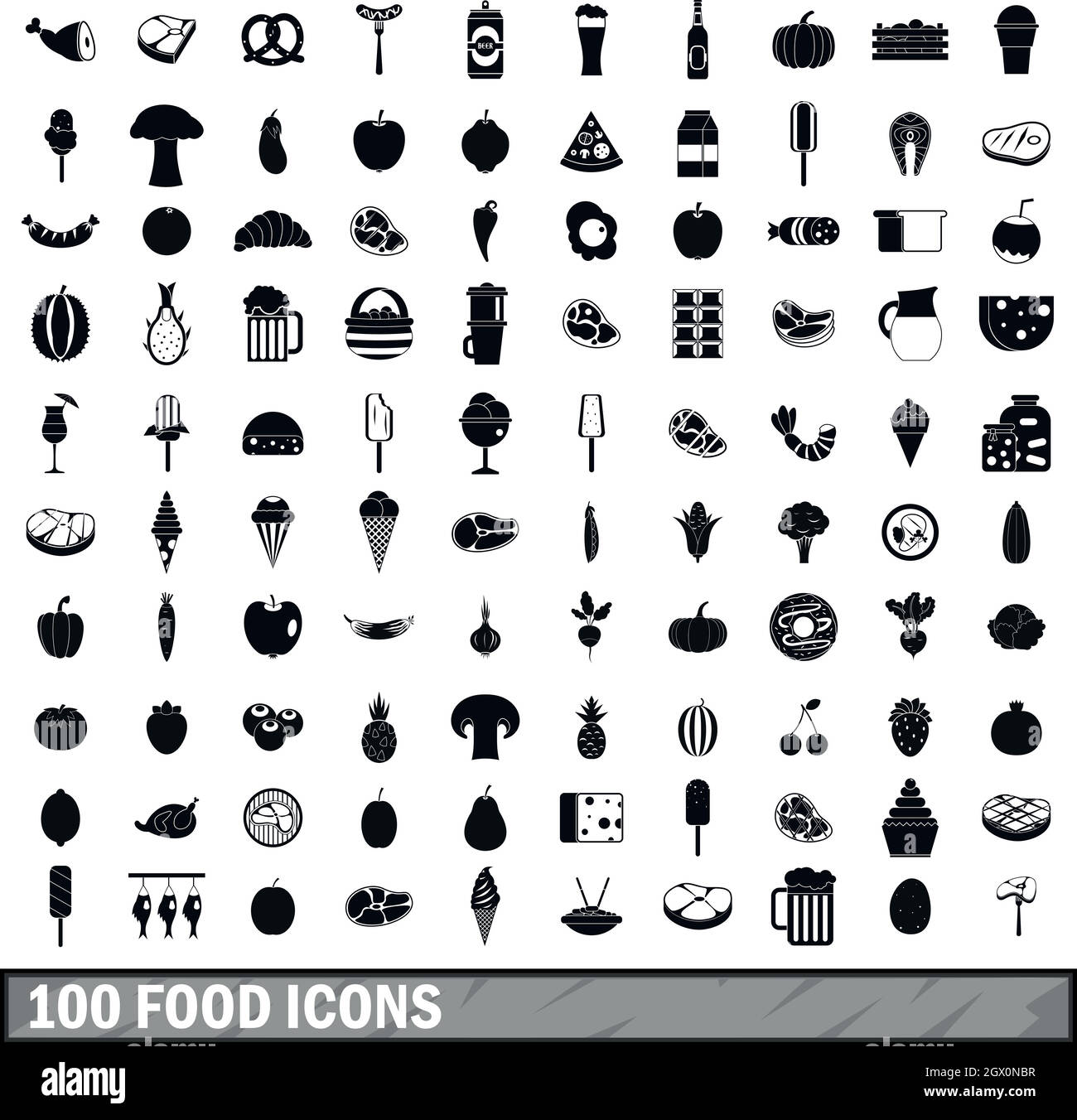 100 food icons set in simple style Stock Vector