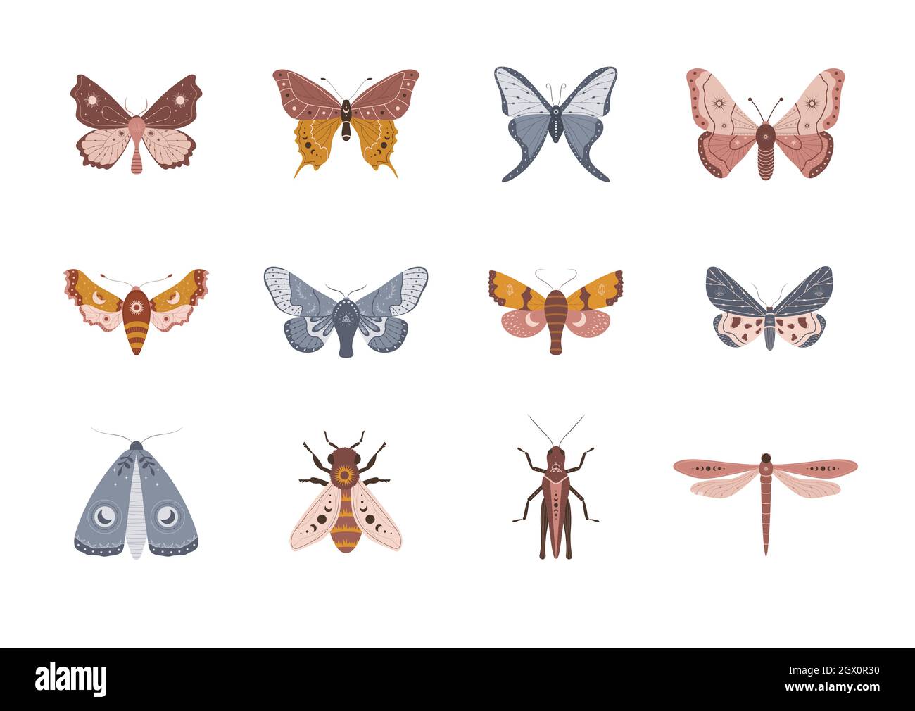 Butterfly collection in bohemian style. Cute hand drawn moth, dragonfly, bee and grasshopper. Isolated boho kids clipart. Vintage celestial design Stock Vector