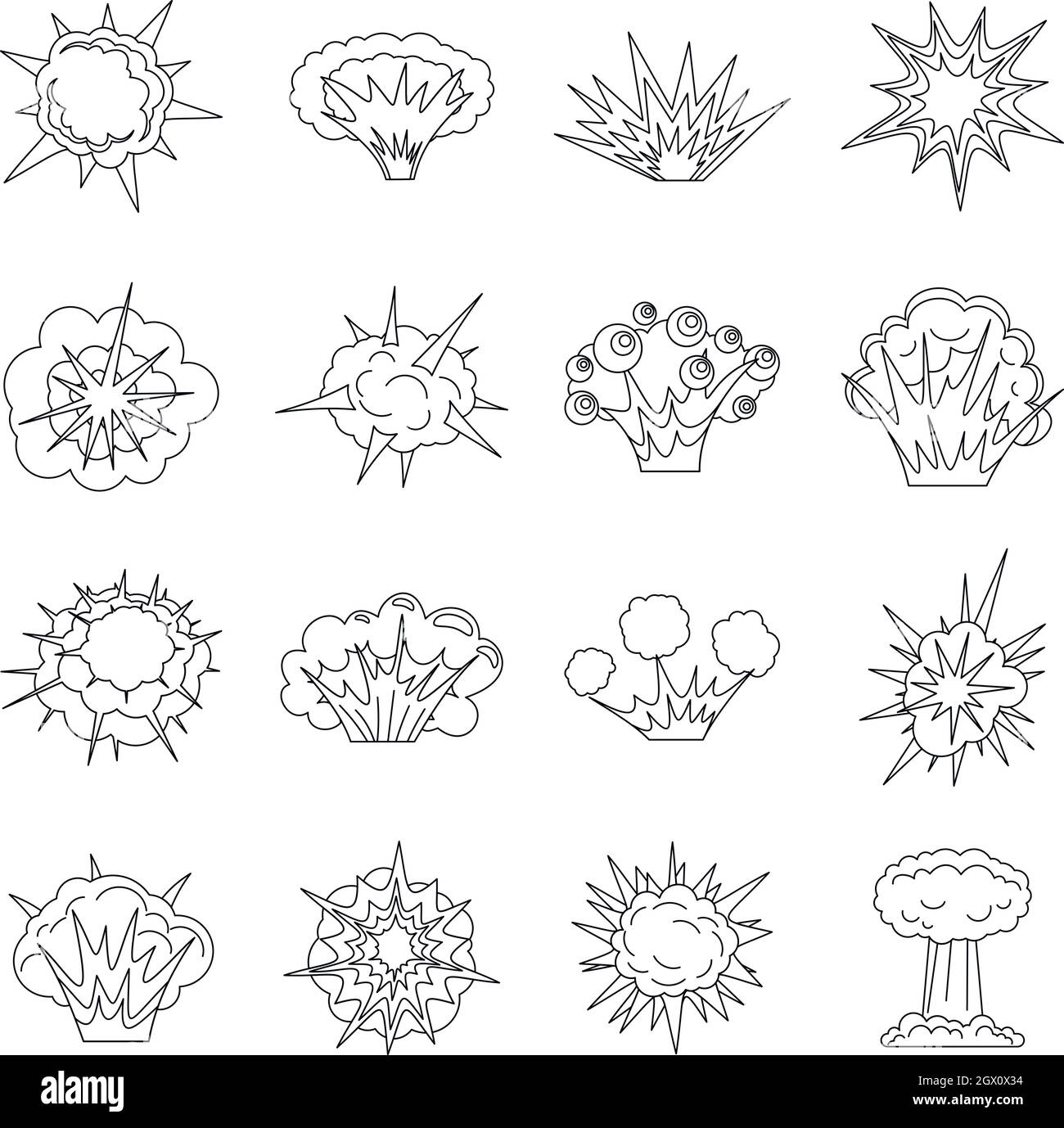 Explosion icons set, outline style Stock Vector