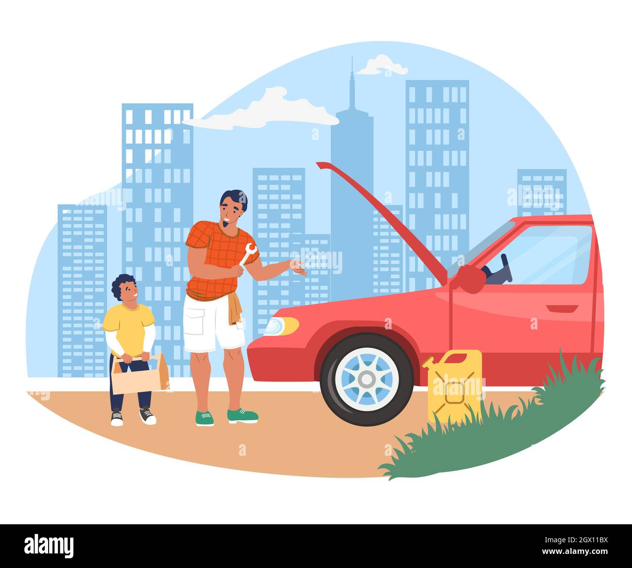 Father fixing broken car with son holding toolbox, flat vector illustration. Parent child relationship, happy parenting. Stock Vector