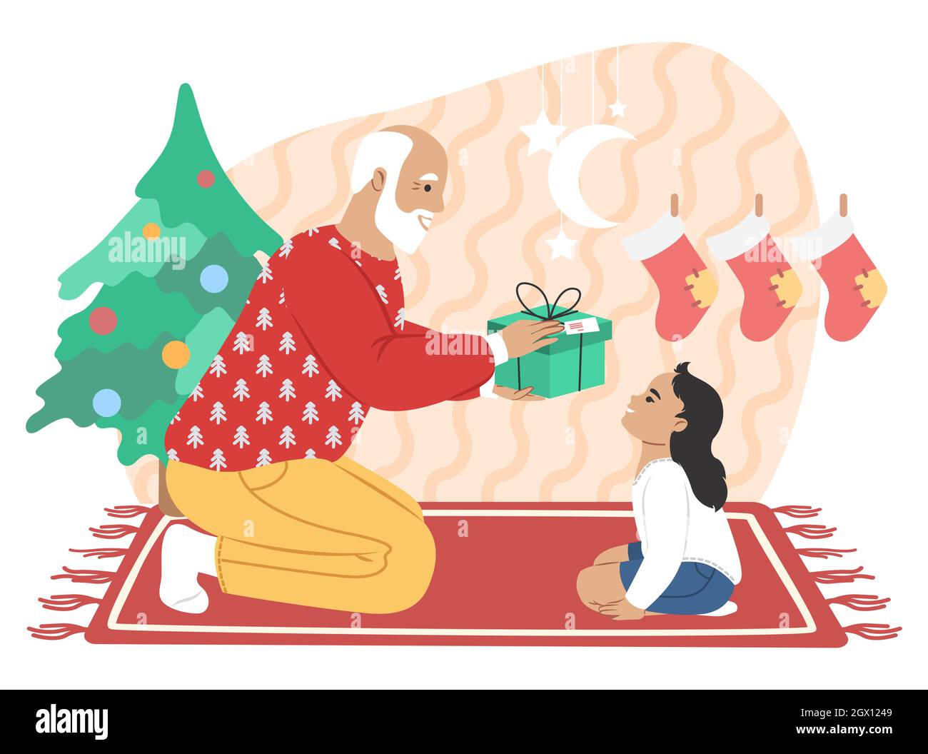 Grandfather giving Christmas gift to granddaughter, flat vector