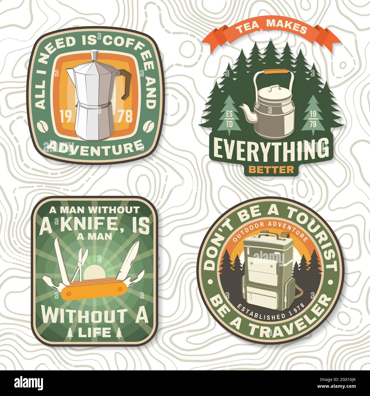 Set of travel inspirational quotes. Vector Concept for shirt or logo, print, stamp or tee. Design with retro camping tea kettle, pocket knife, geyser Stock Vector