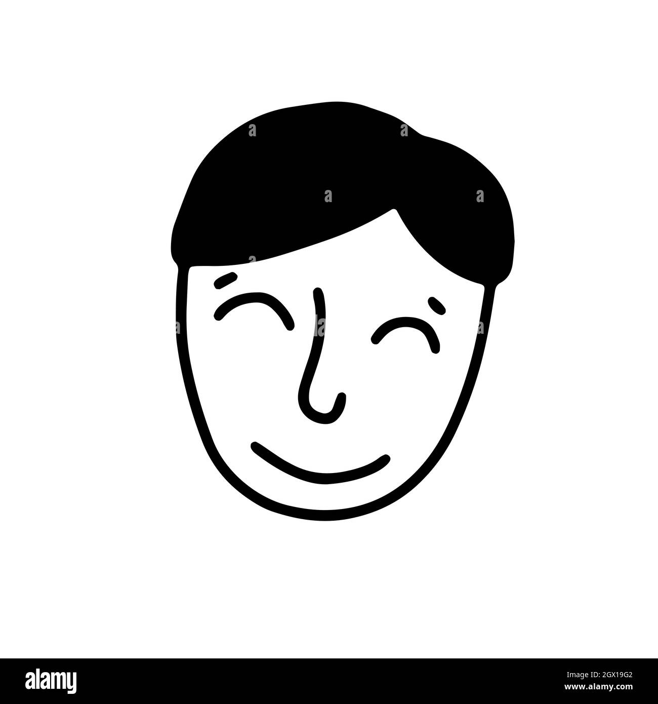 Doodle funny pleased child face. Hand-drawn outline human isolated on white background. Kid Avatar. Cartoon combed guy. Male cute portrait. Hairstyle, Stock Vector