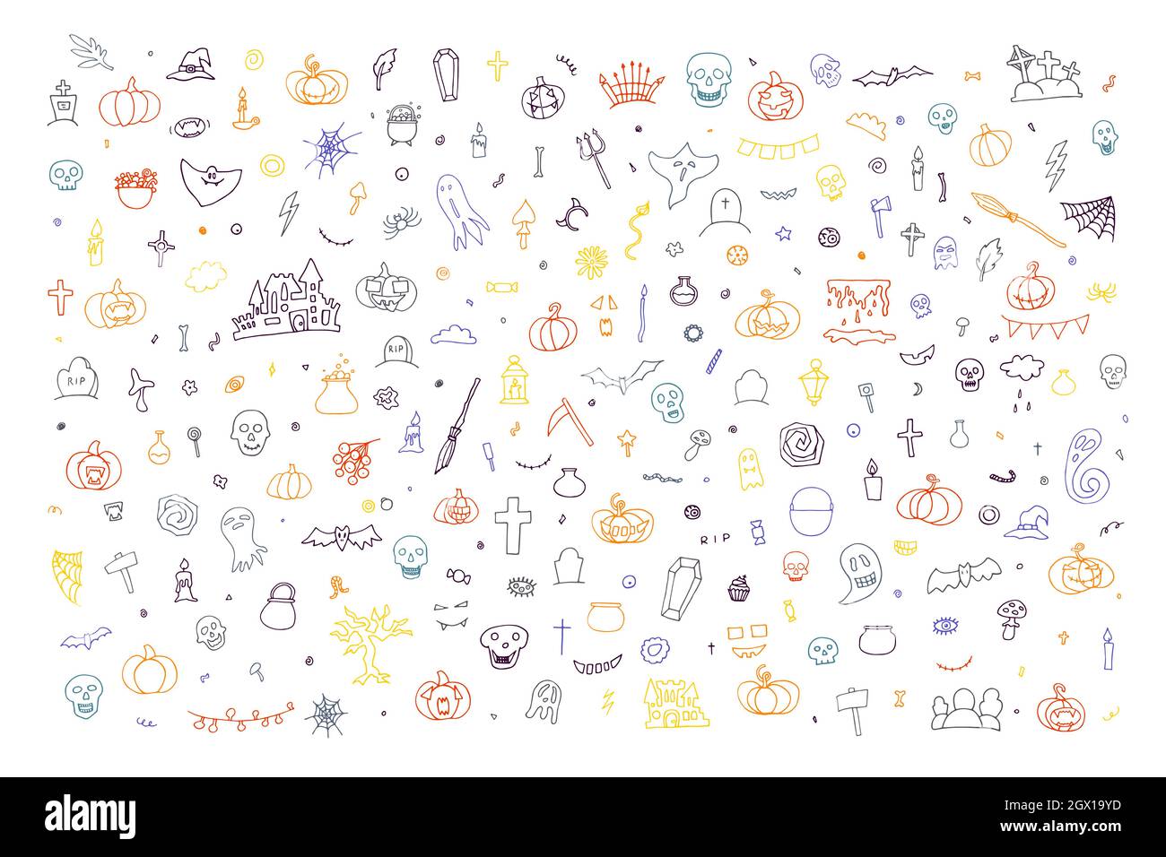 Big Doodle Happy Halloween set. Hand-drawn ghost, pumpkin, candles, skulls, bat on white background. Cute scary horror characters banner for fall holi Stock Vector