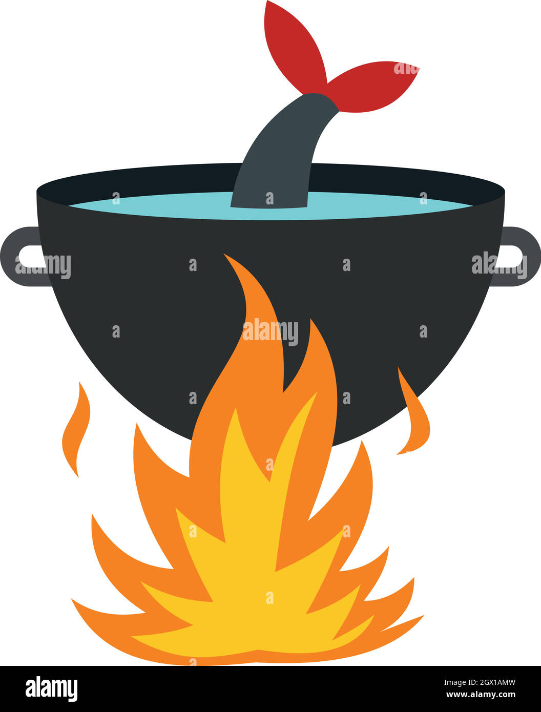 Cooking fish soup on a fire icon, flat style Stock Vector