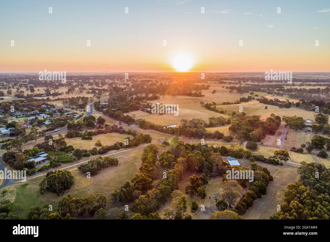 High Angle View Of Rural Area Against Sky During Sunset In Grampians, Australia Stock Photo