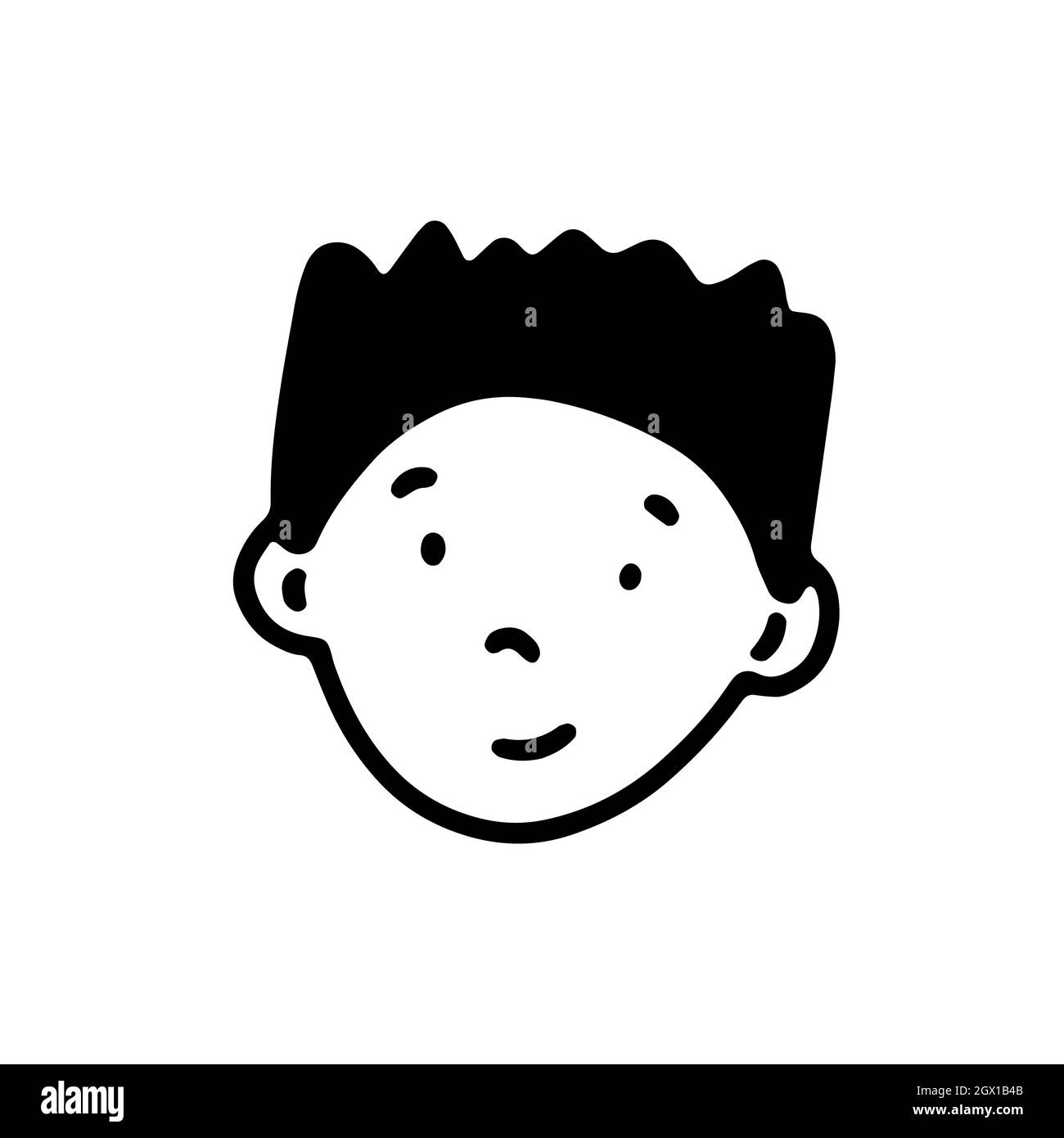 Doodle funny snub pleased child face. Hand-drawn outline human isolated on white background. Kid Avatar. Cartoon curly guy. Male cute portrait. Hairst Stock Vector